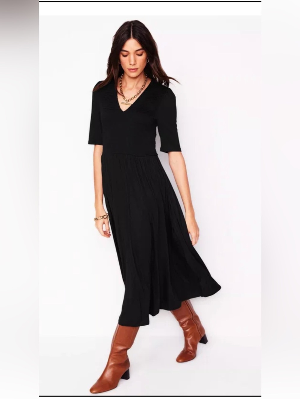 Boden Bethany Short Sleeve Knit Smocked V-Neck Midi Dress Black Size US 16 18